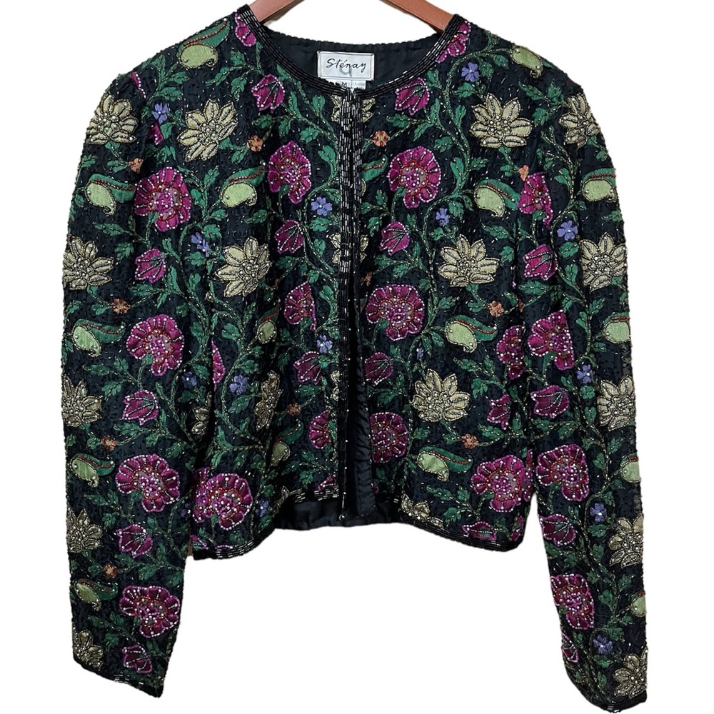 Vintage Stenay Multicolor Beaded & Sequined Floral 100% Silk Evening Jacket sz M